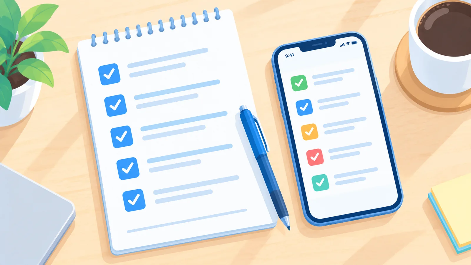 Handgeschreven checklist naast een smartphone op een bureau