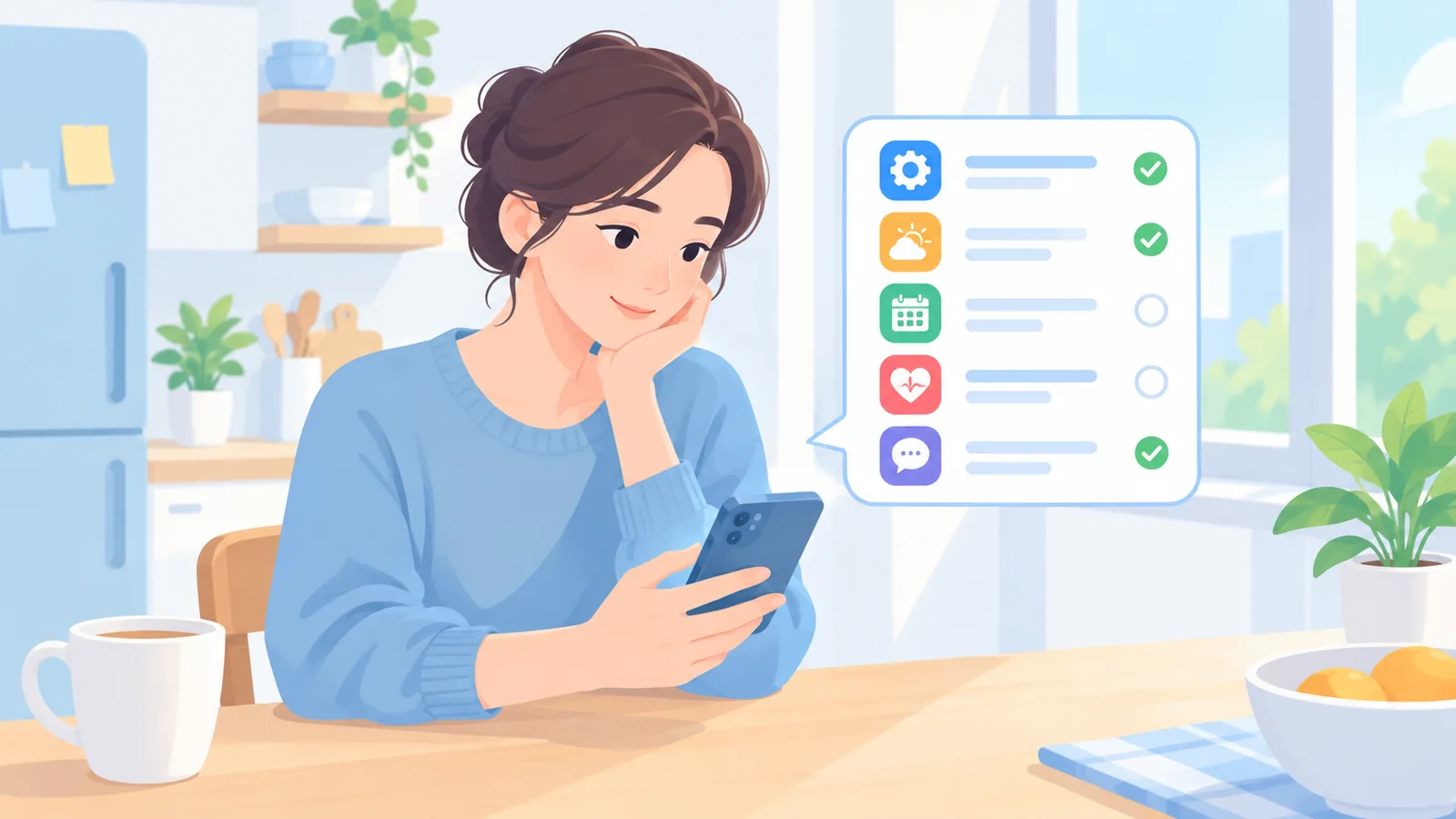 Persoon kijkt nadenkend naar smartphonescherm aan keukentafel