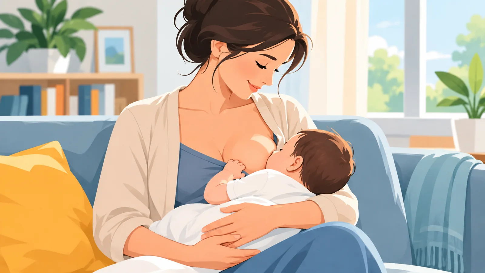 Moeder geeft borstvoeding aan haar baby in een rustige woonkamer