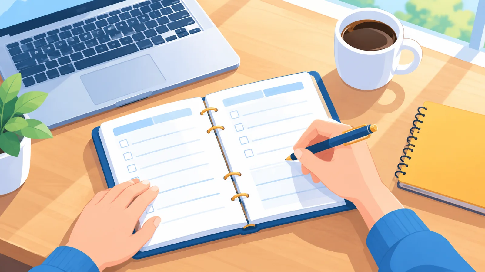 Bureau met planner, laptop en notitieboek