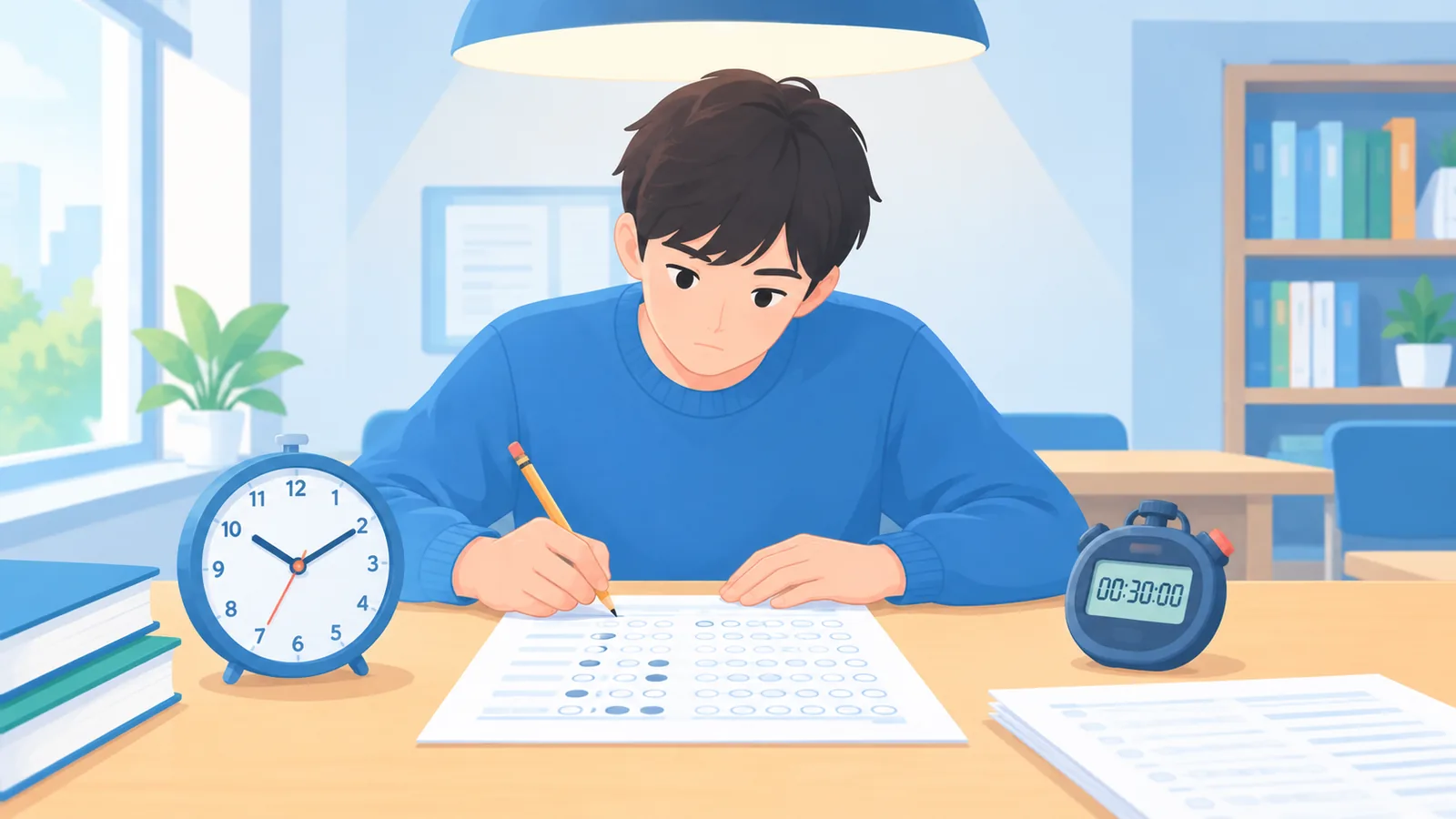 Oefenexamen onder tijdsdruk in een stille ruimte