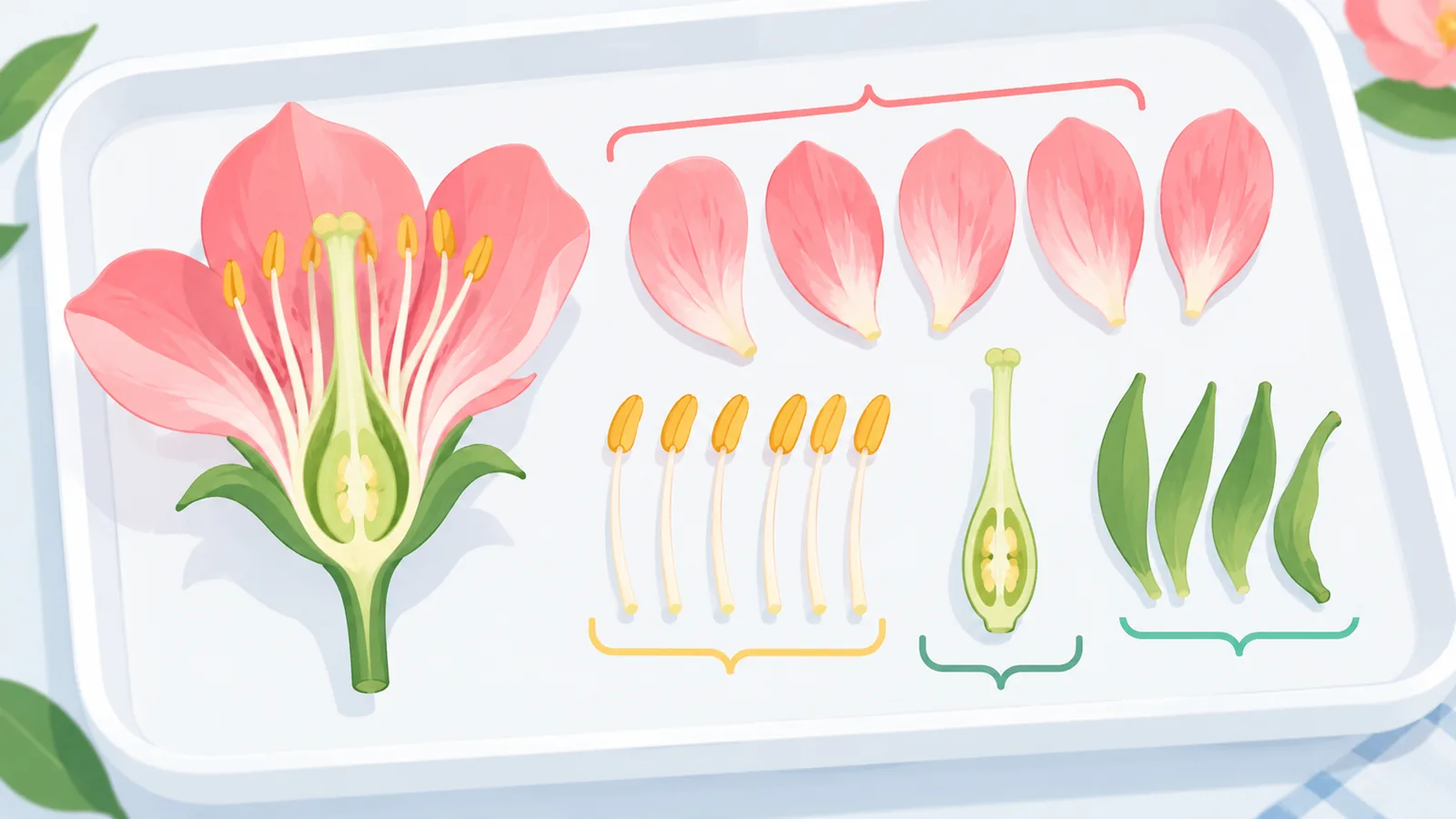 Opengesneden bloem met meeldraden en stamper op een wit bord