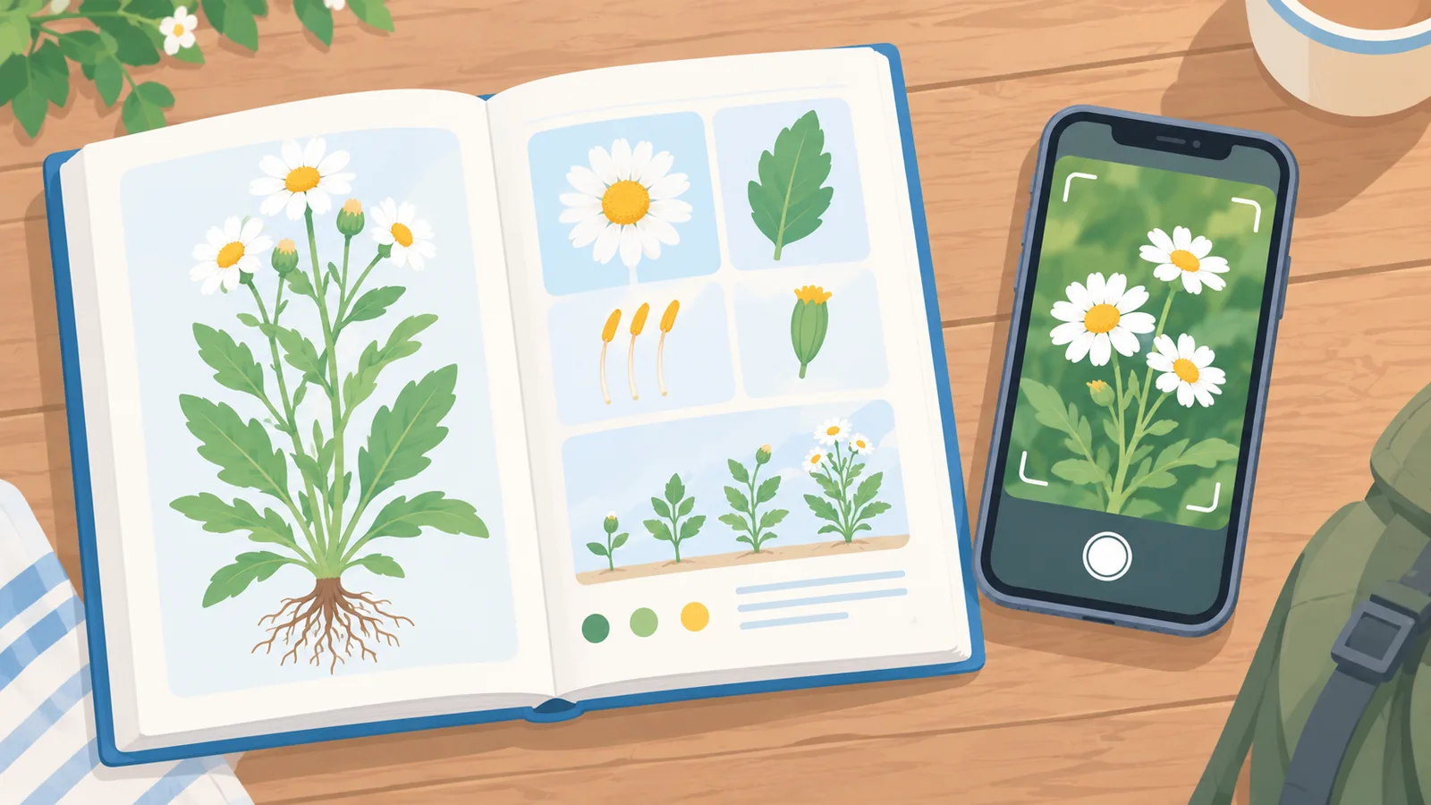 Papieren plantengids naast een smartphone met plantenfoto