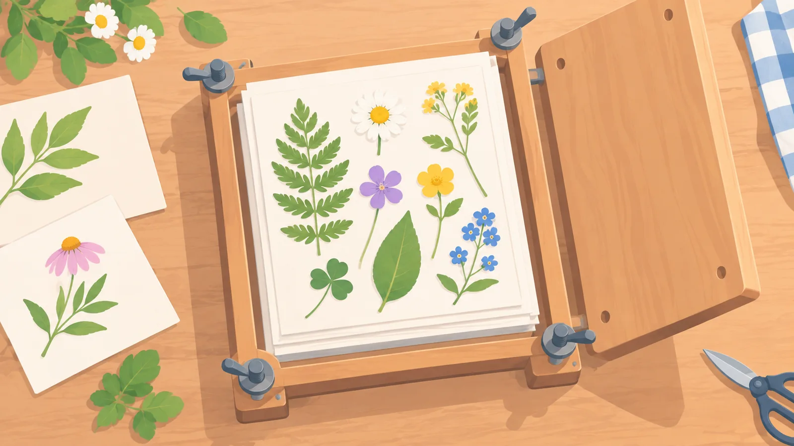 Planten in een houten plantenpers