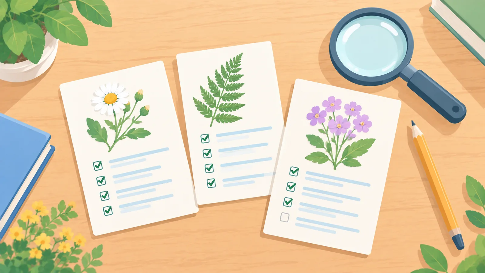 Checklistkaarten met loep en potlood