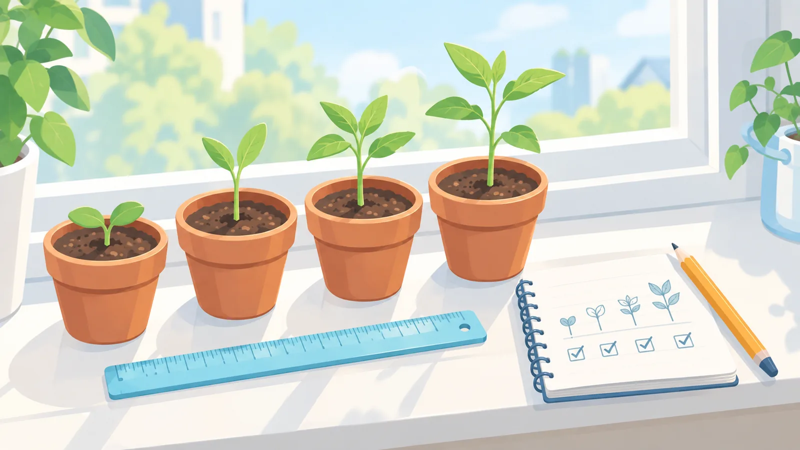 Kiemplantjes op een lichte vensterbank