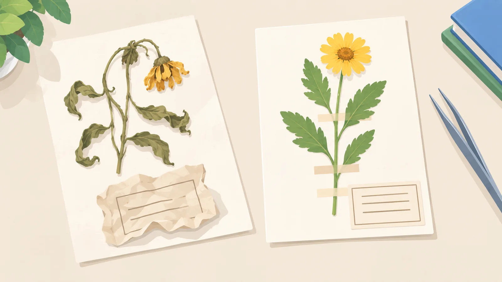 Slordig en netjes bewaard plantenexemplaar naast elkaar