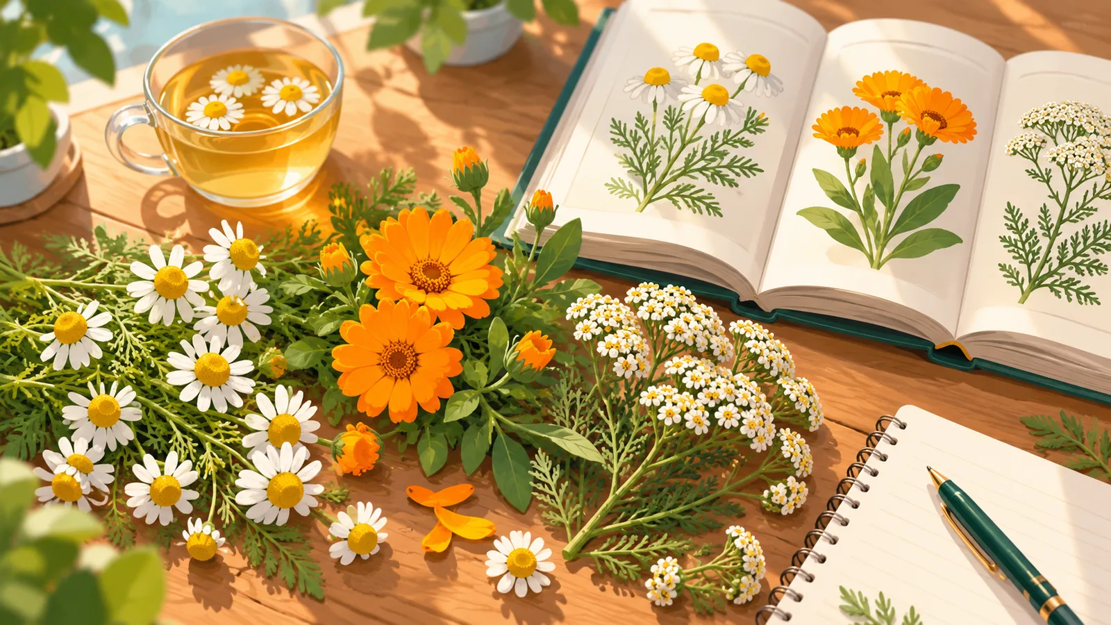 Verse geneeskrachtige kruiden naast een botanisch naslagwerk en notitieboek