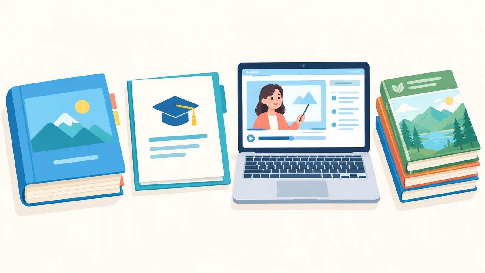 Vier soorten studiemateriaal naast elkaar voor het vergelijken van studieroutes
