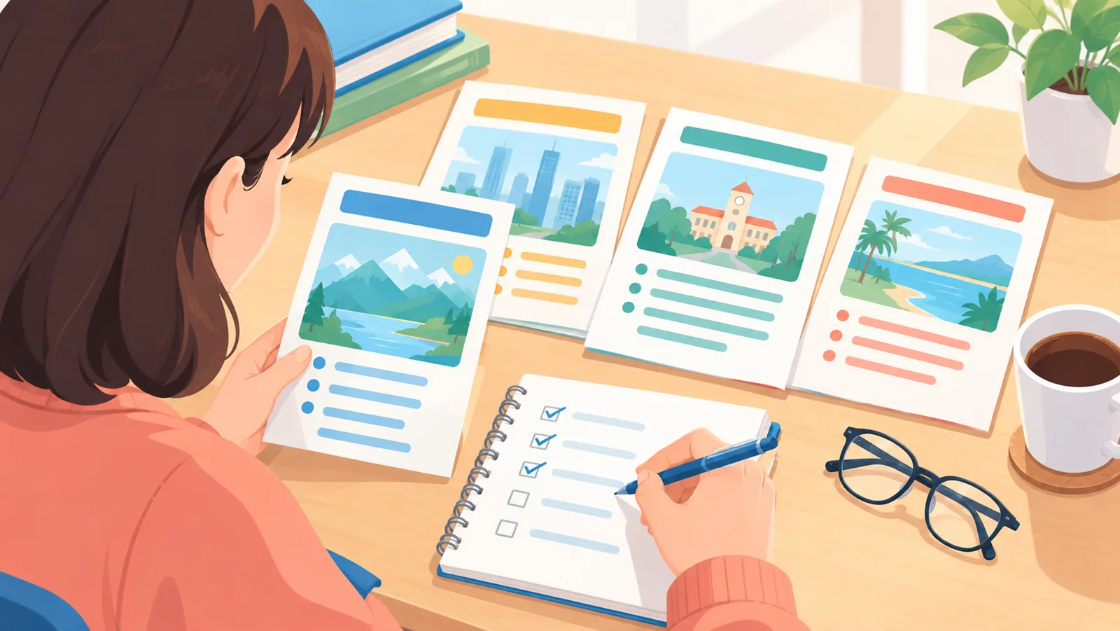 Persoon vergelijkt opleidingsbrochures aan de hand van een checklist