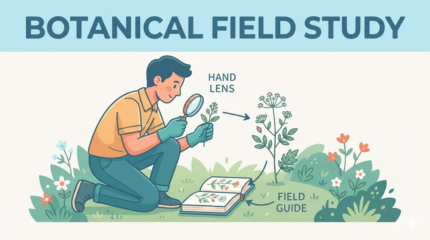 Student determineert een wilde plant in het veld met loep en plantengids