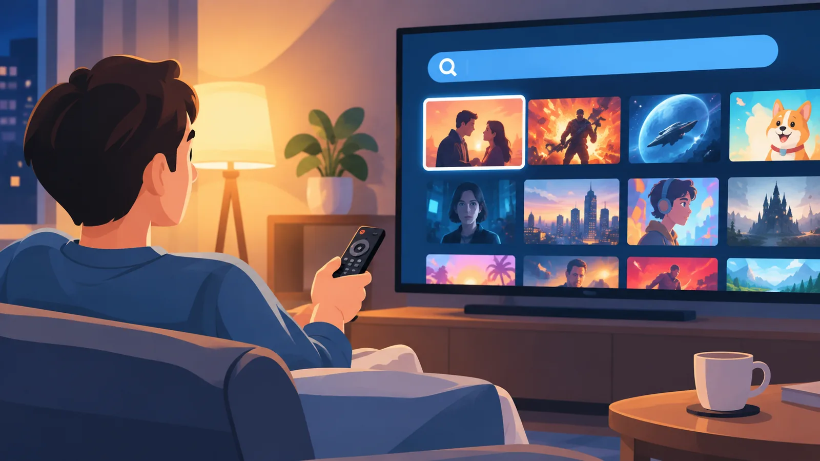 Kijker scrolt op de bank door het filmaanbod op een grote tv