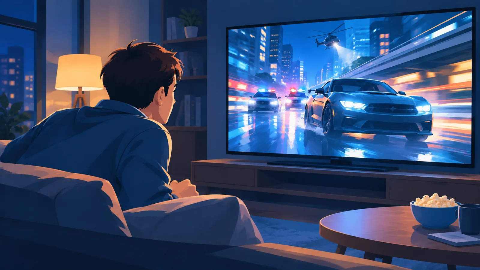 Spannende actiefilm op een grote tv