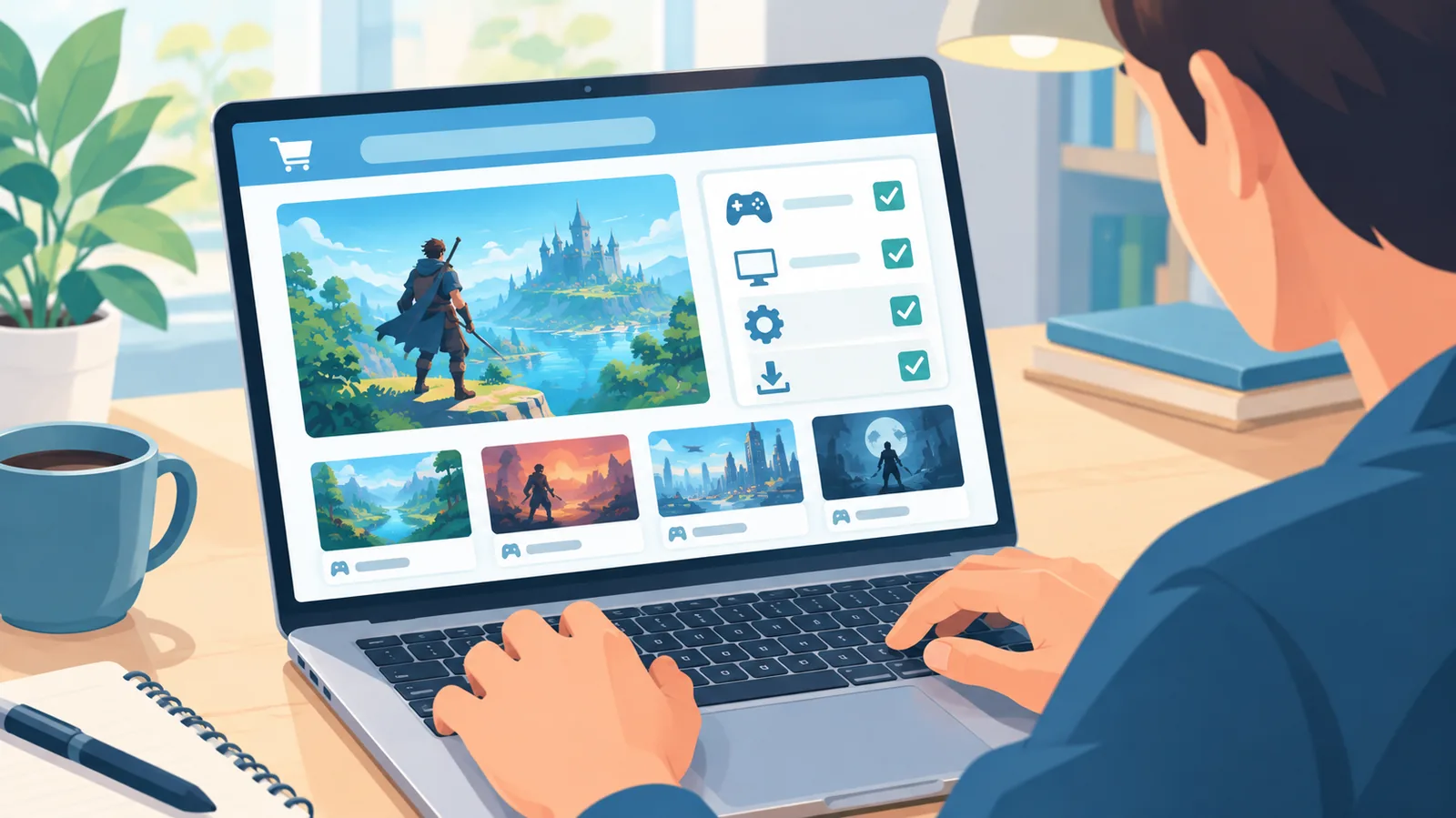 Handen op MacBook-toetsenbord met gamewinkel checklist