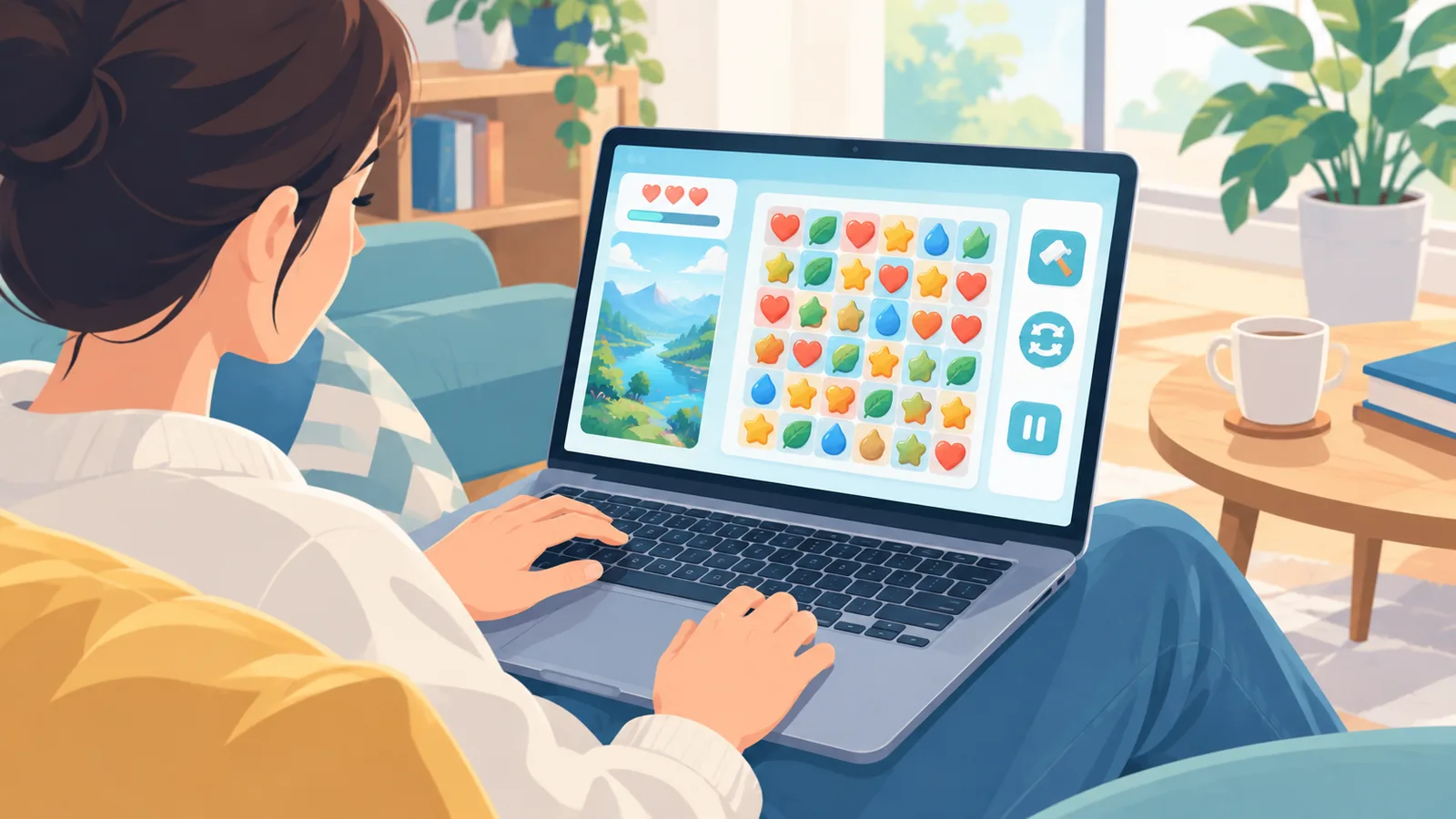 Persoon speelt casual puzzelgame op MacBook