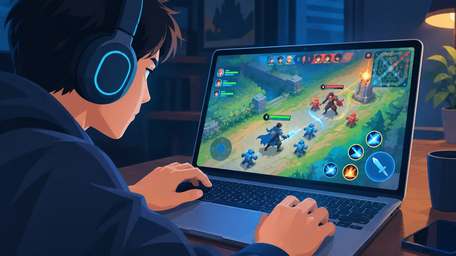 Gamer met koptelefoon speelt competitieve multiplayer game