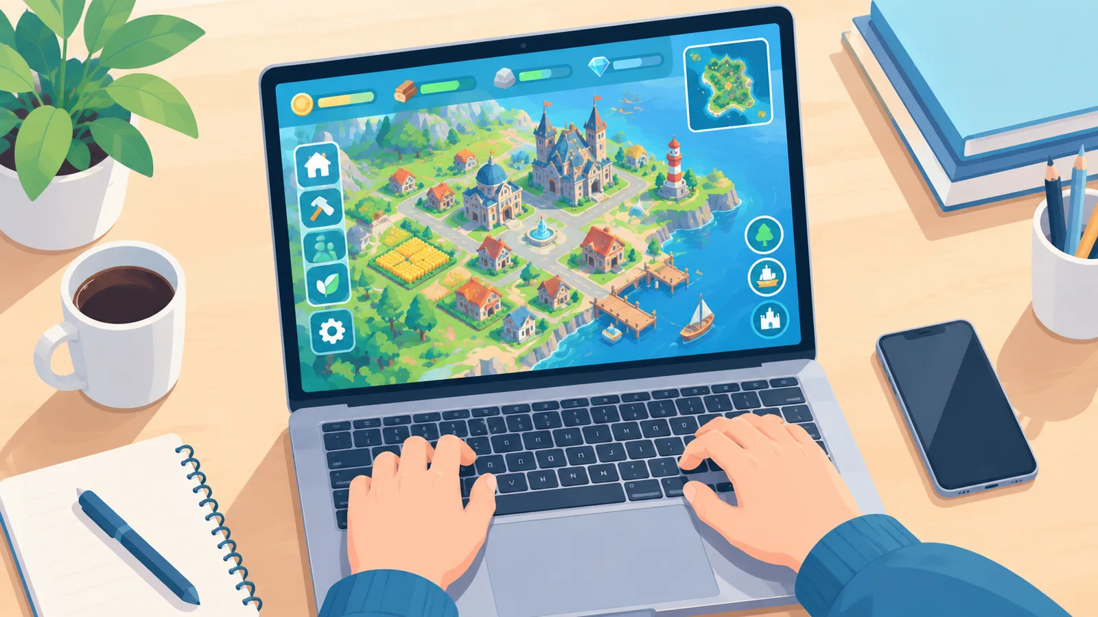 MacBook met stadsbouw-strategiegame van bovenaf