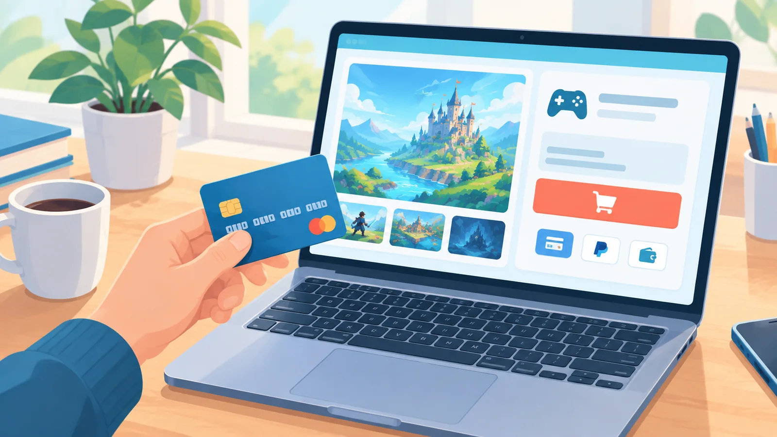 Hand met creditcard bij digitale gamewinkel afrekenscherm