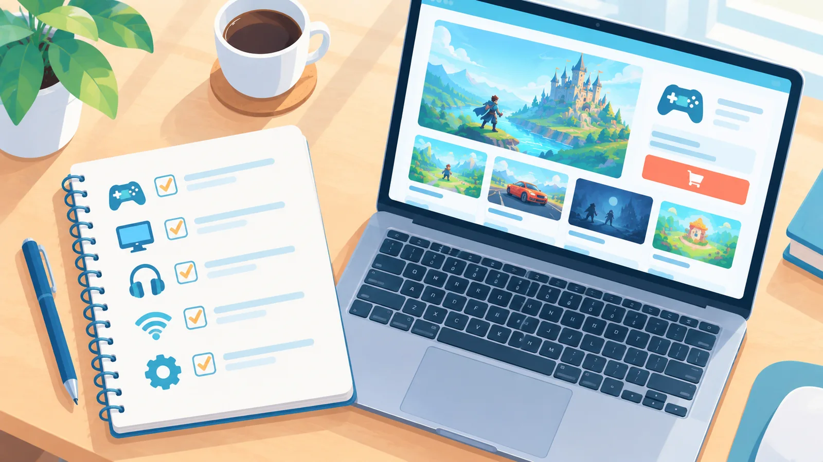 Notitieboek met checklist naast MacBook met gamewinkel