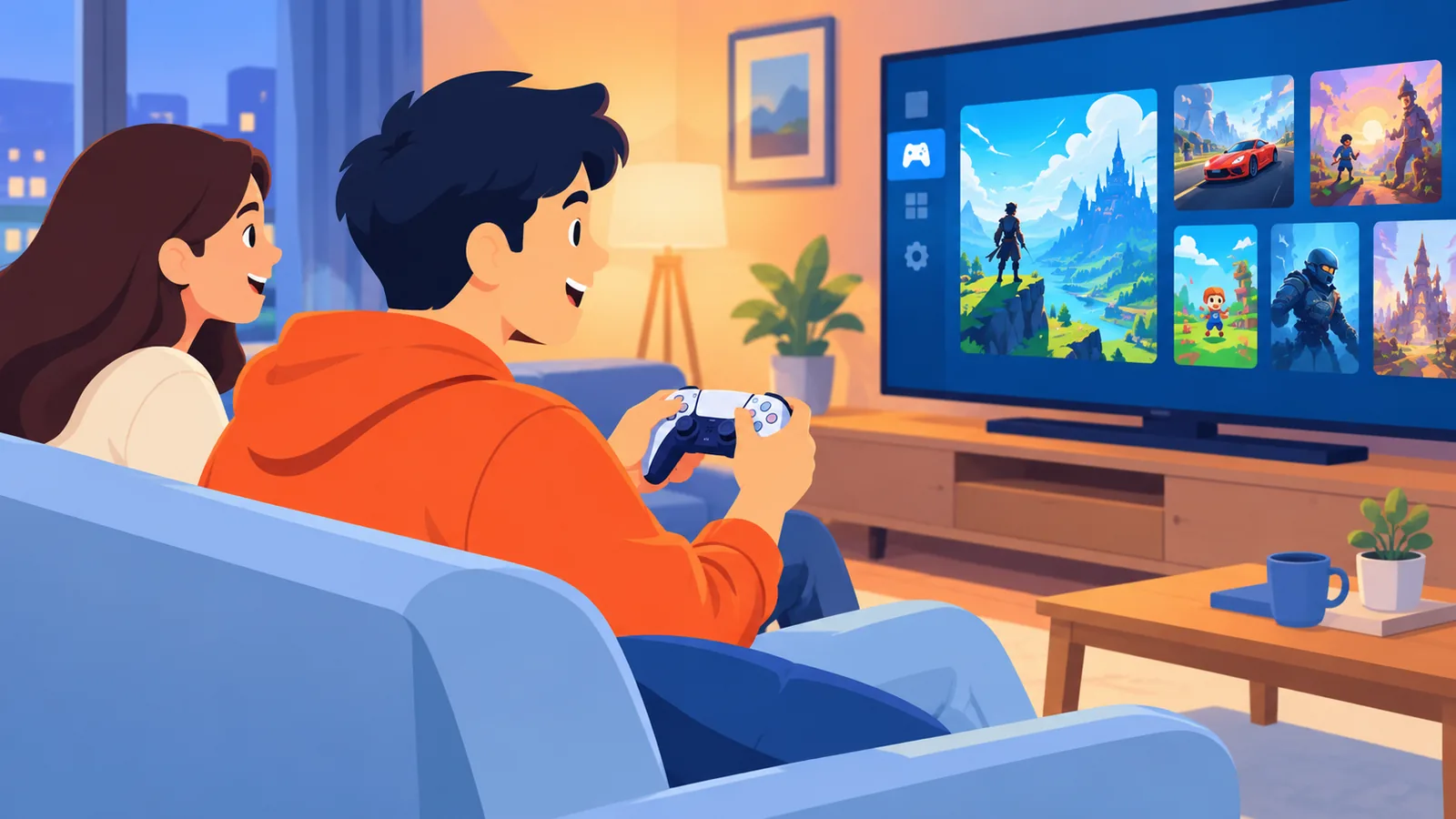Twee mensen delen een gamebibliotheek in de woonkamer