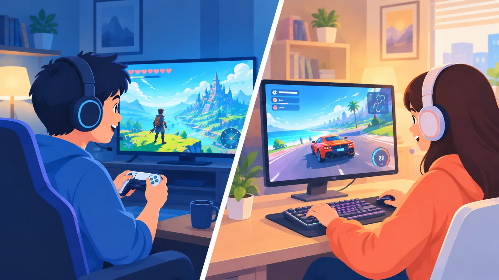 Twee familieleden spelen tegelijk verschillende games