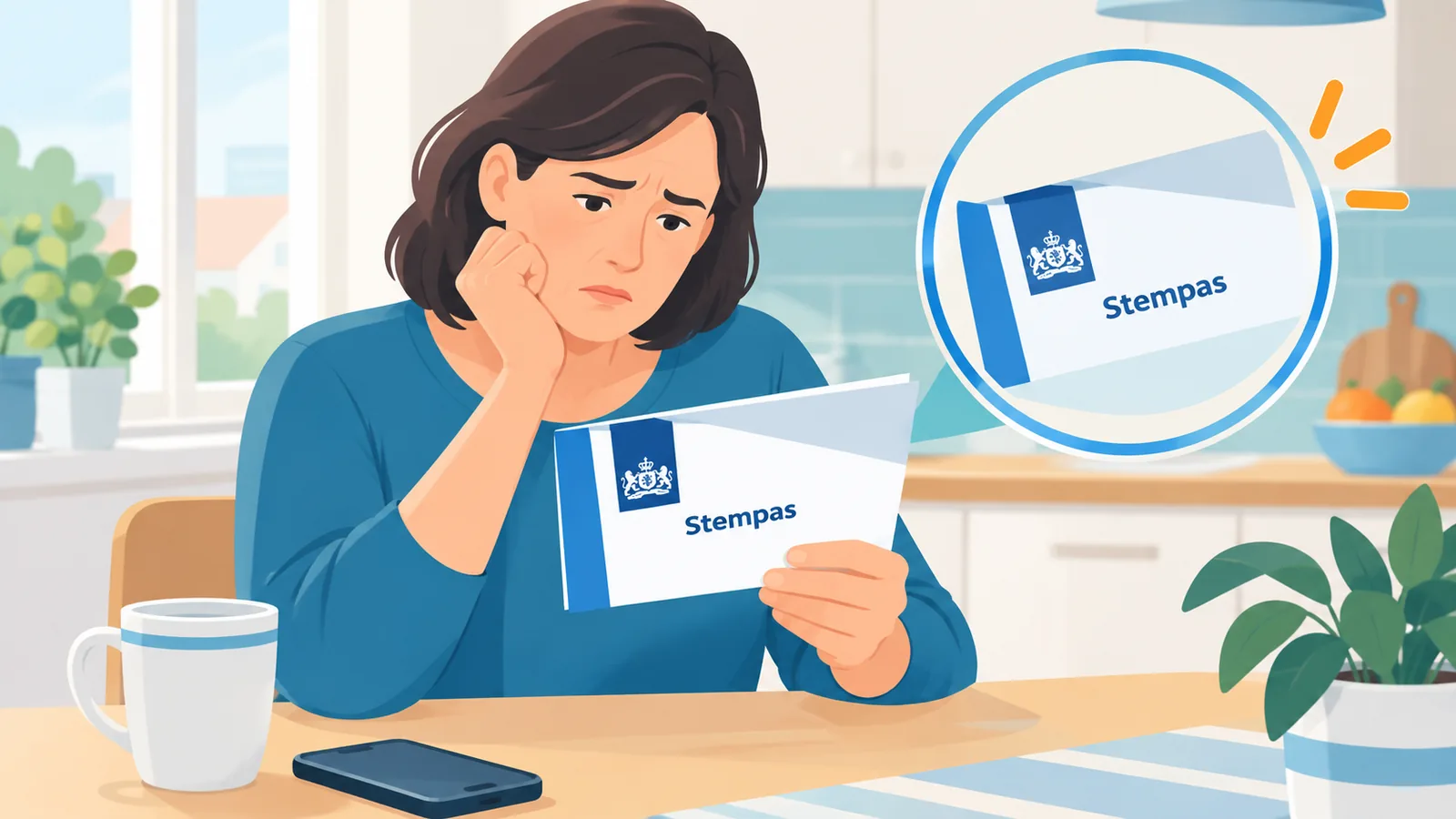 Persoon bekijkt stempas met bezorgde blik