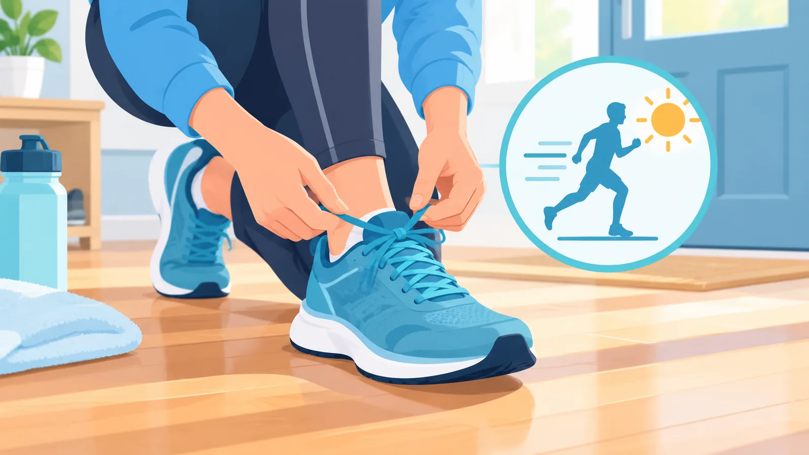 Close-up van iemand die sportschoenen aantrekt bij de voordeur