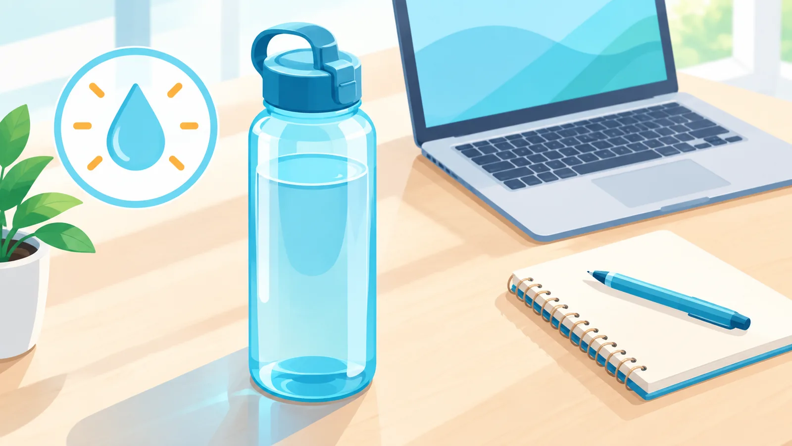 Opgeruimd bureau met een zichtbare waterfles vooraan