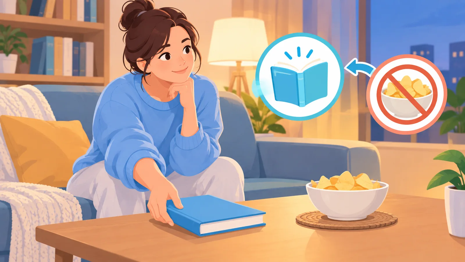 Persoon kiest 's avonds op de bank voor een boek in plaats van snacks