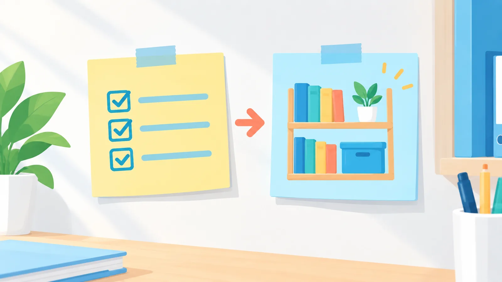 Twee post-its met een checklist en een heringerichte plank