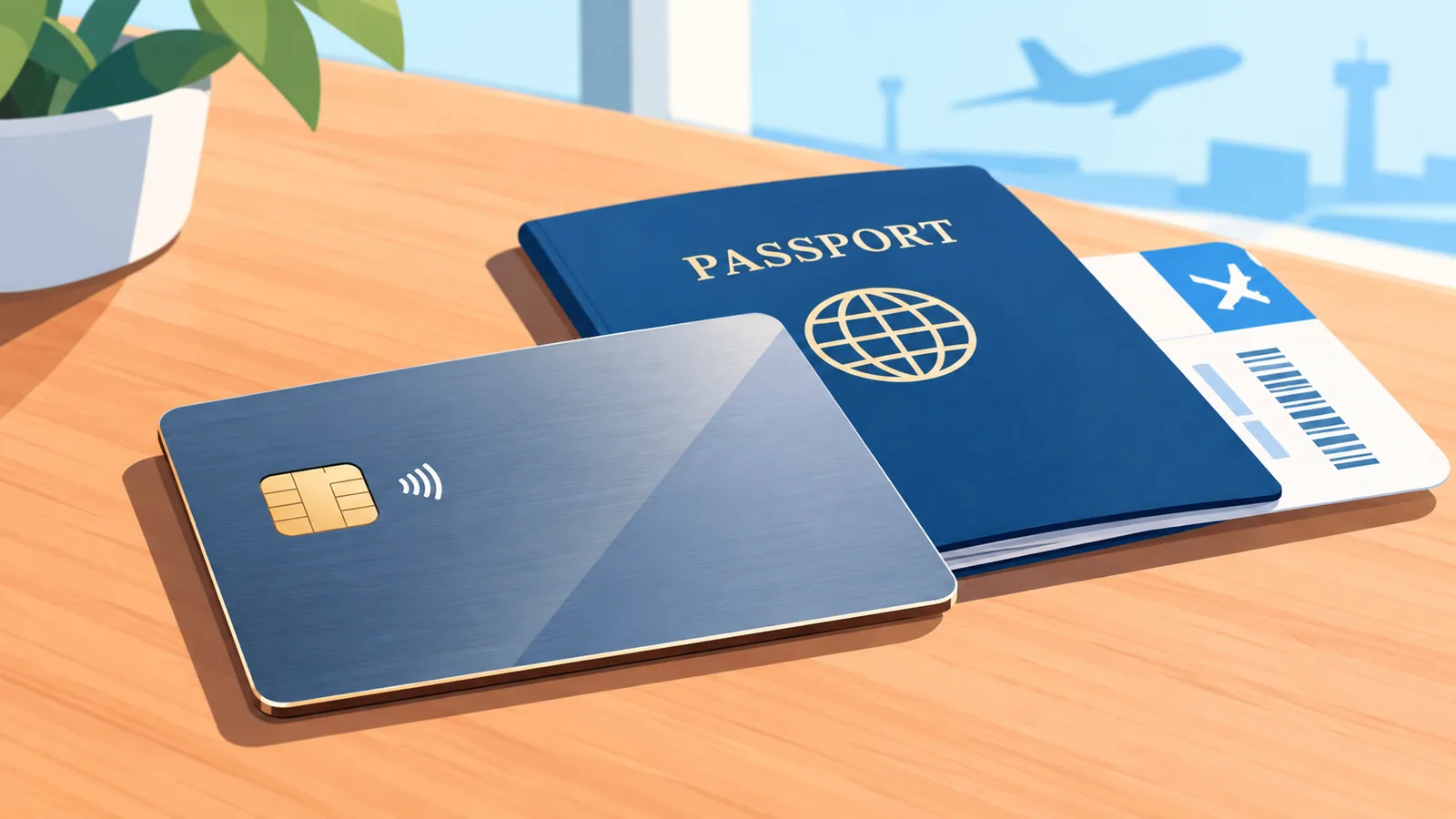 Premium creditcard naast paspoort en instapkaart op een houten bureau