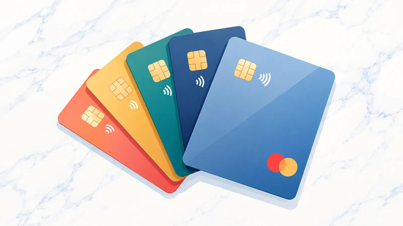 Verschillende creditcards waaiervormig uitgestald op een marmeren ondergrond