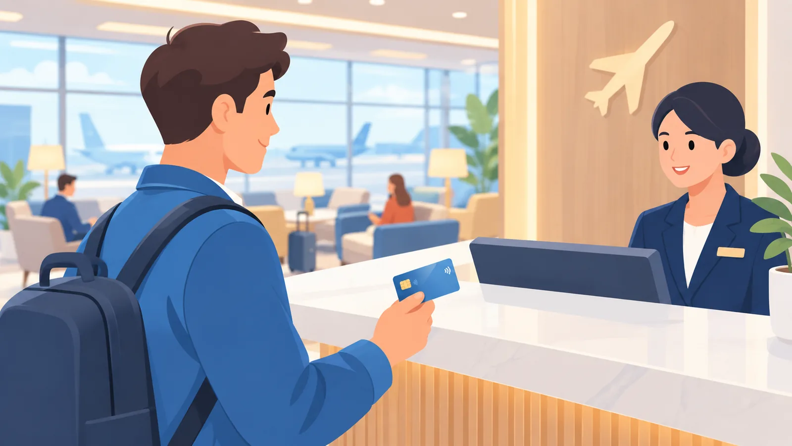 Reiziger toont creditcard bij de incheckbalie van een luchthavenlounge