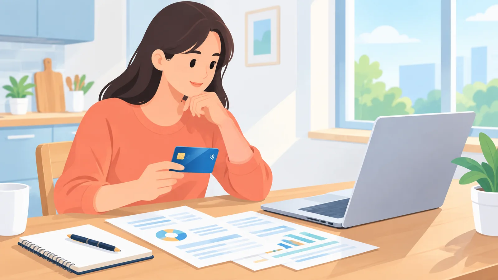 Persoon vergelijkt creditcardvoorwaarden aan de keukentafel met laptop