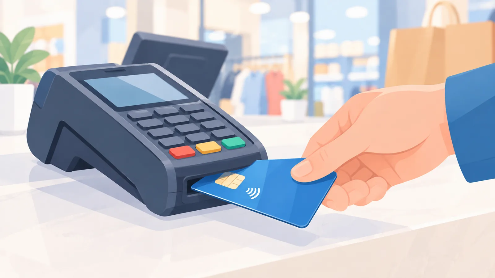 Hand stopt creditcard in betaalterminal bij een winkelkassa