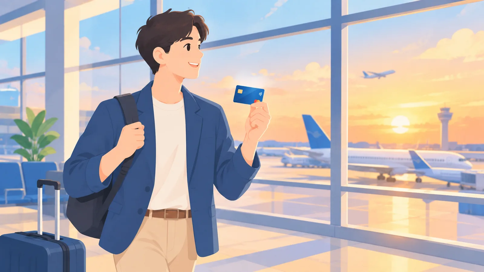 Persoon houdt premium creditcard vast bij luchthavenraam met vliegtuigen op de achtergrond