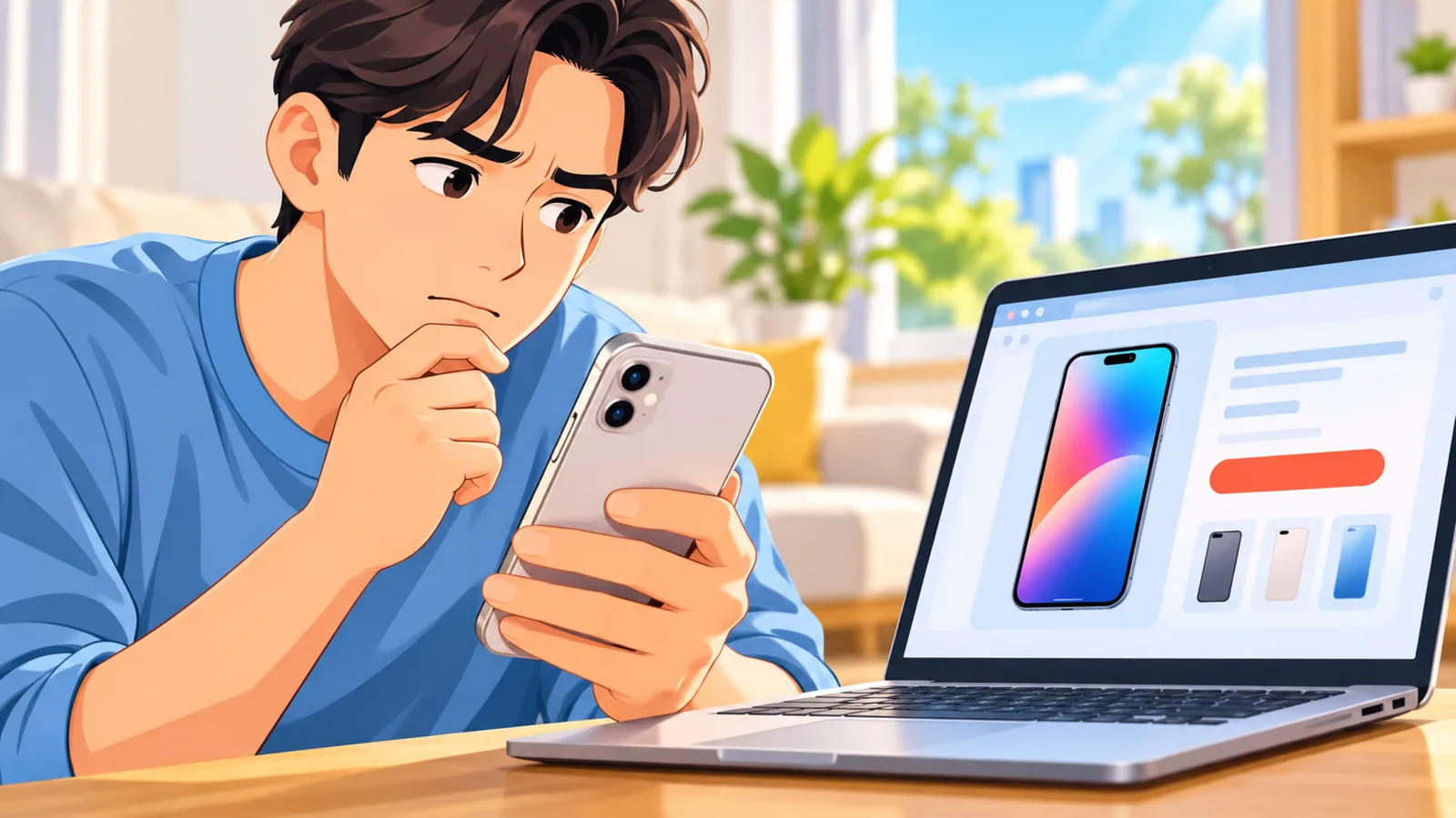 Persoon vergelijkt de prijs van een smartphone met een laptop