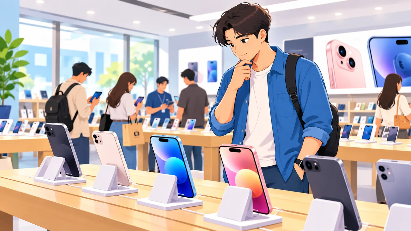 Klant bekijkt smartphones in een elektronicawinkel