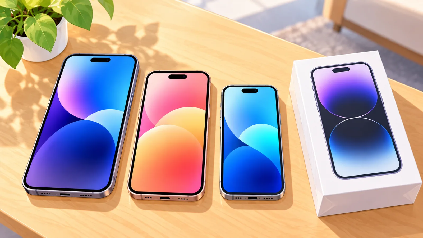 Drie smartphones naast elkaar op een houten tafel