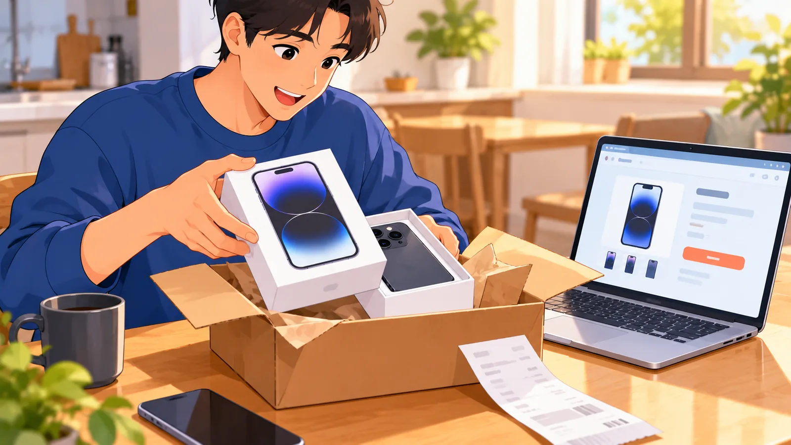Persoon pakt een online bestelde smartphone uit