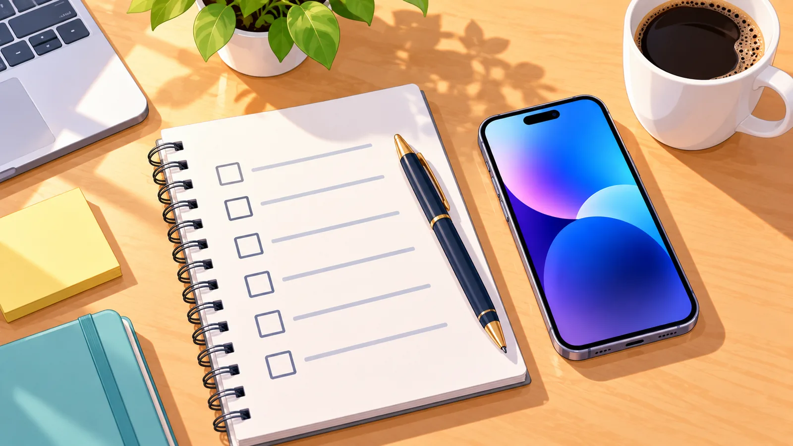 Checklist naast een smartphone op een opgeruimd bureau