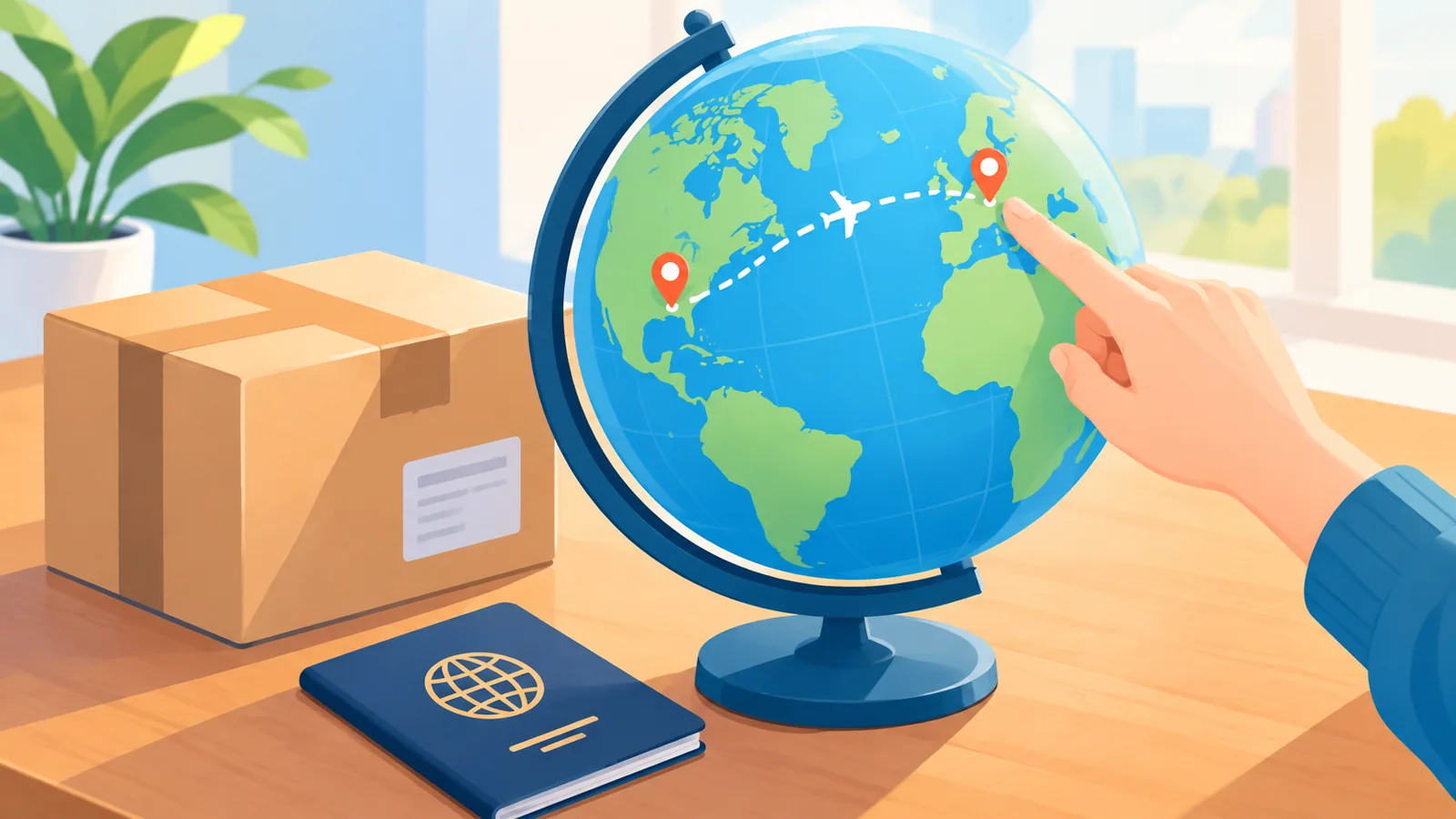 Wereldbol en pakket op een bureau als beeld voor internationale verzending
