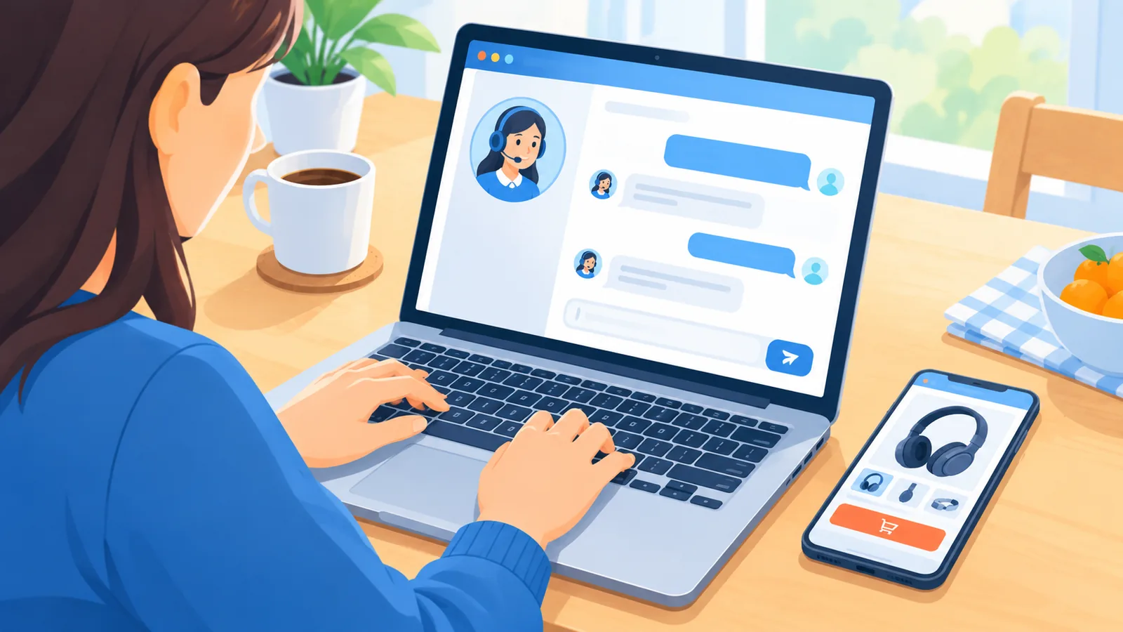 Persoon met laptop in gesprek via een chatvenster met klantenservice