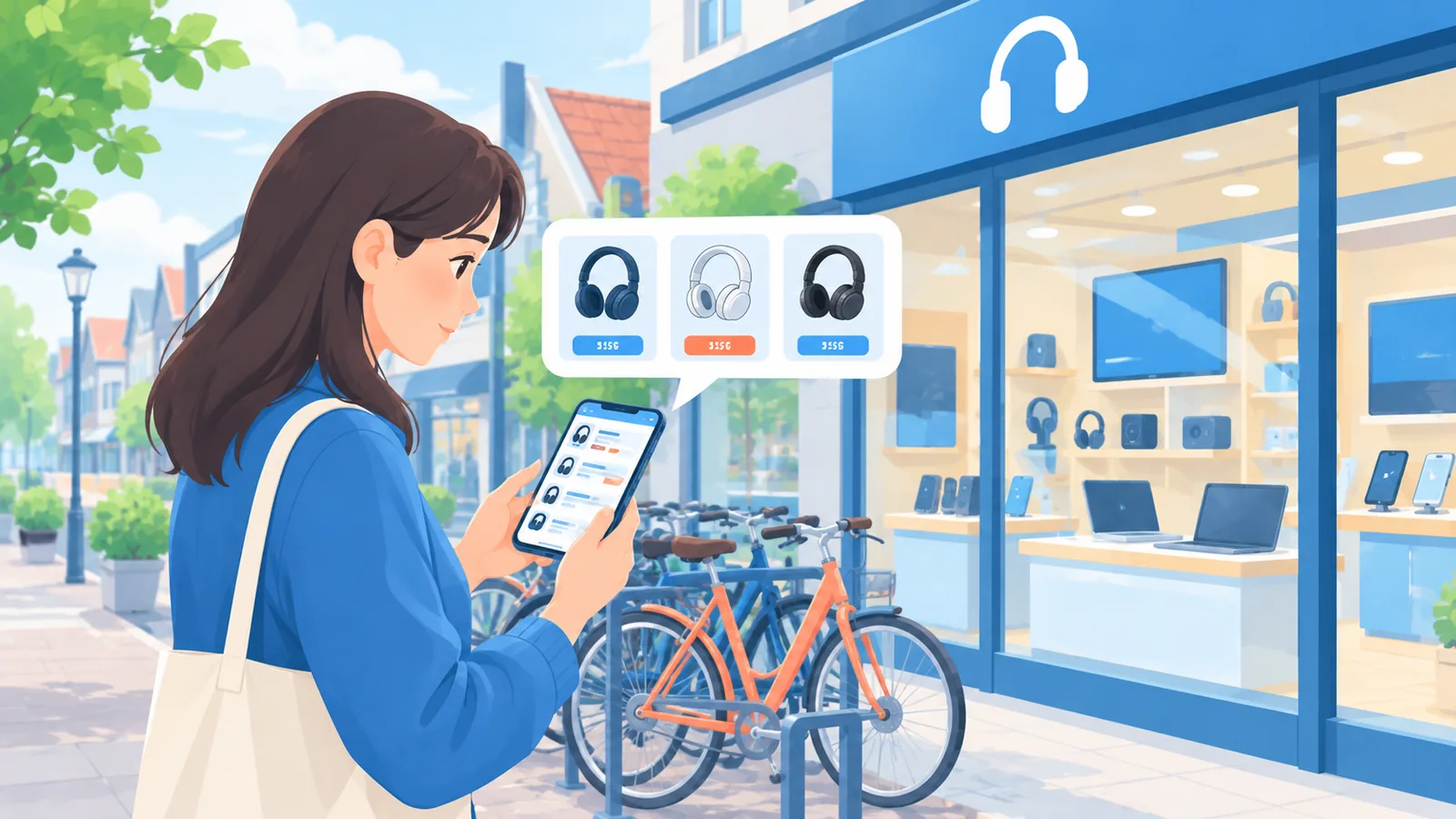 Persoon vergelijkt prijzen van elektronica op een telefoon in een Nederlandse winkelstraat