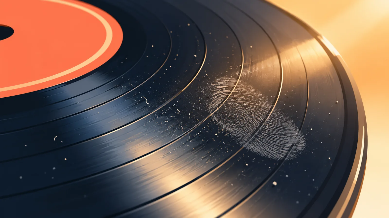 Close-up van een vinylplaat met stof en een vingerafdruk in de groeven