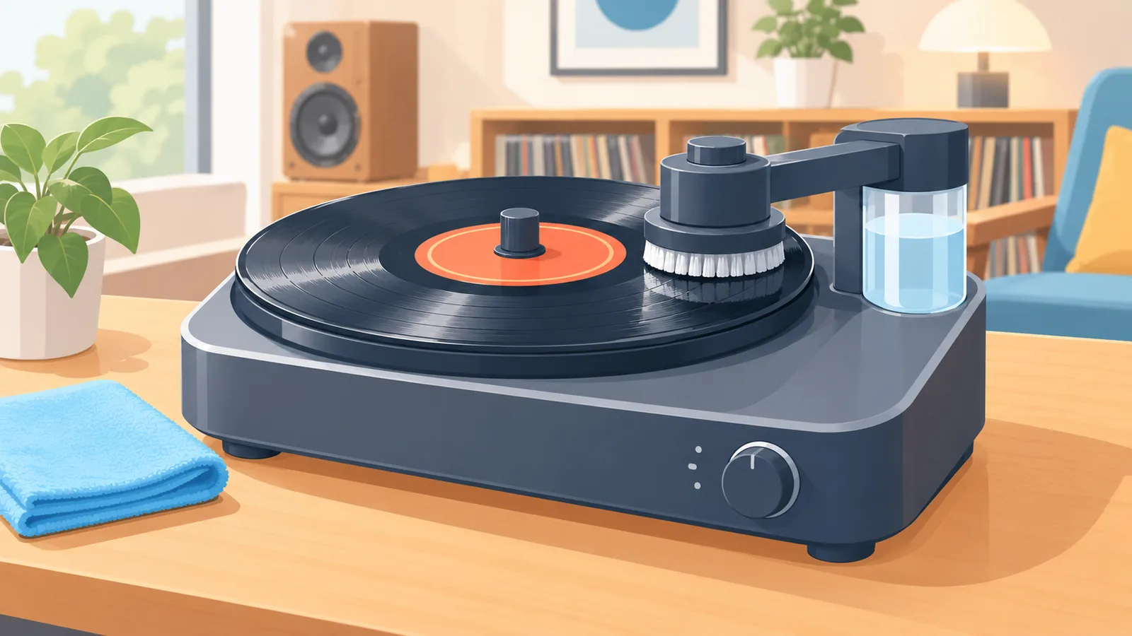 Een platenwasmachine met een vinylplaat erop