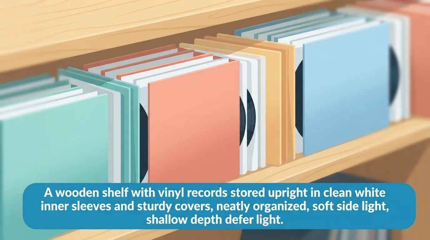 Vinylplaten rechtop opgeborgen in een houten rek