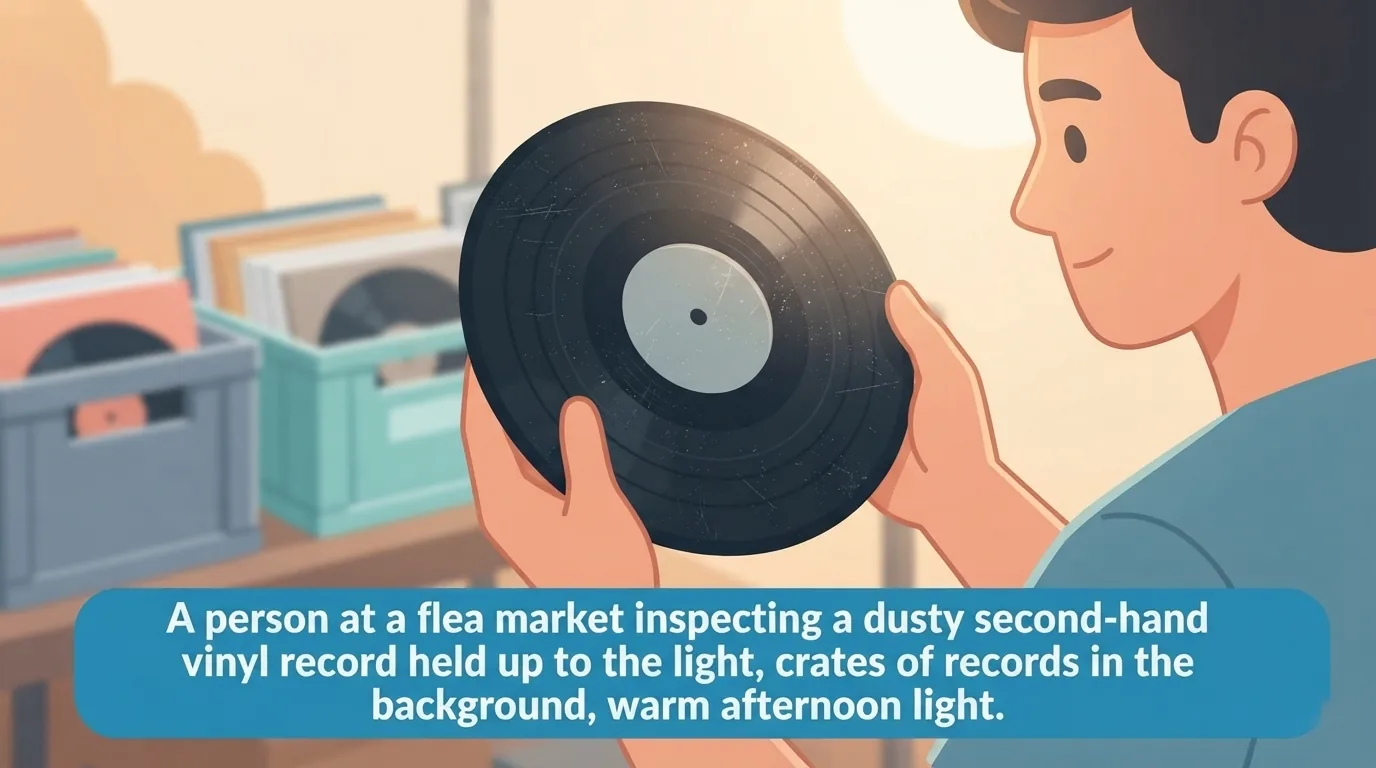 Iemand bekijkt een tweedehands vinylplaat op een markt