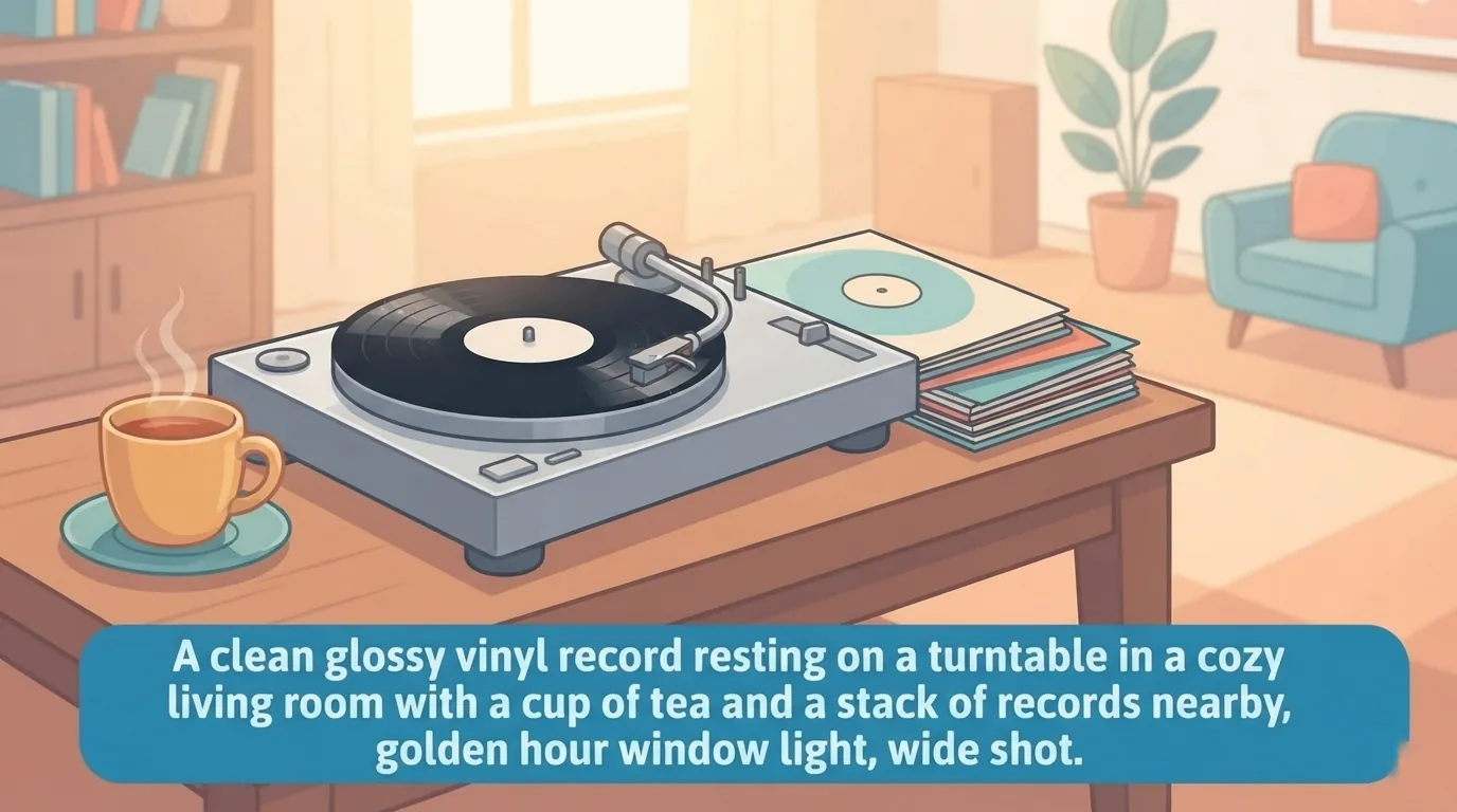 Een schone vinylplaat op een platenspeler in een gezellige woonkamer