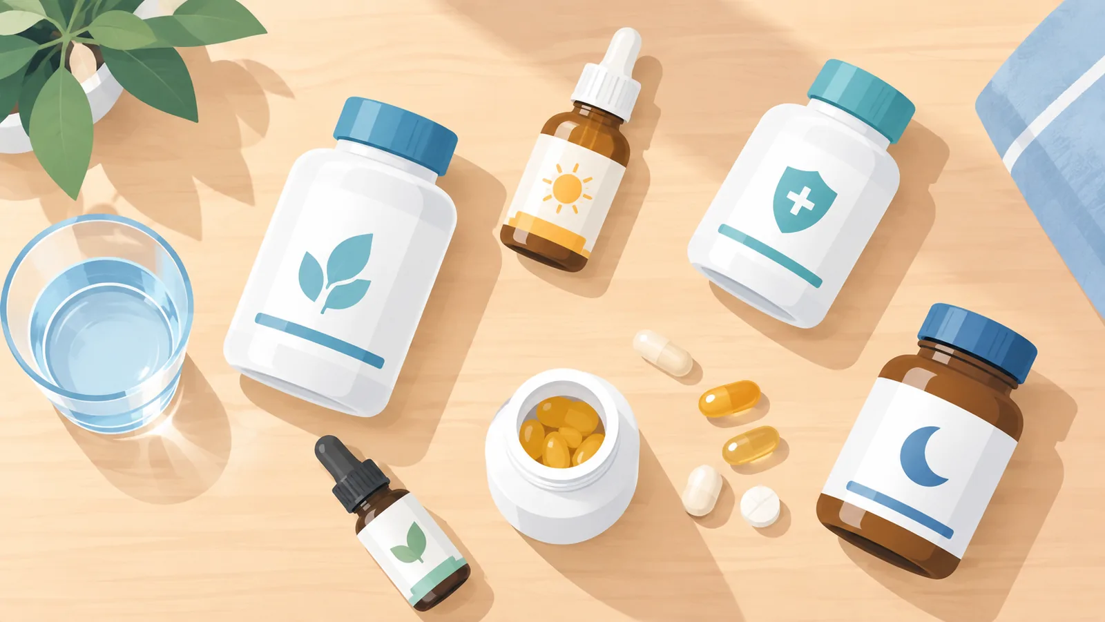 Verschillende melatoninesupplementen op tafel